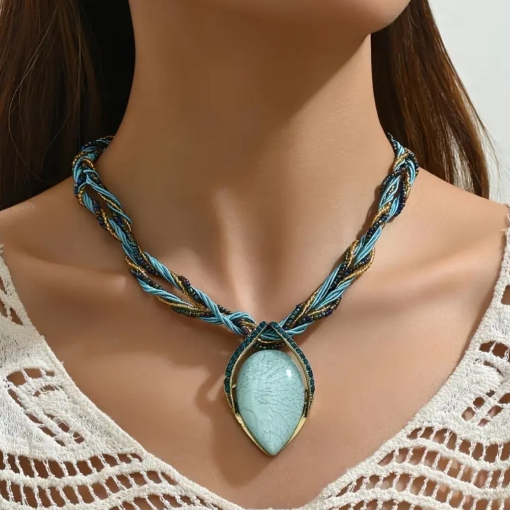 NEW Artsy Y3K Blue‎ and Gold Pendant Gift Necklace (#0175).